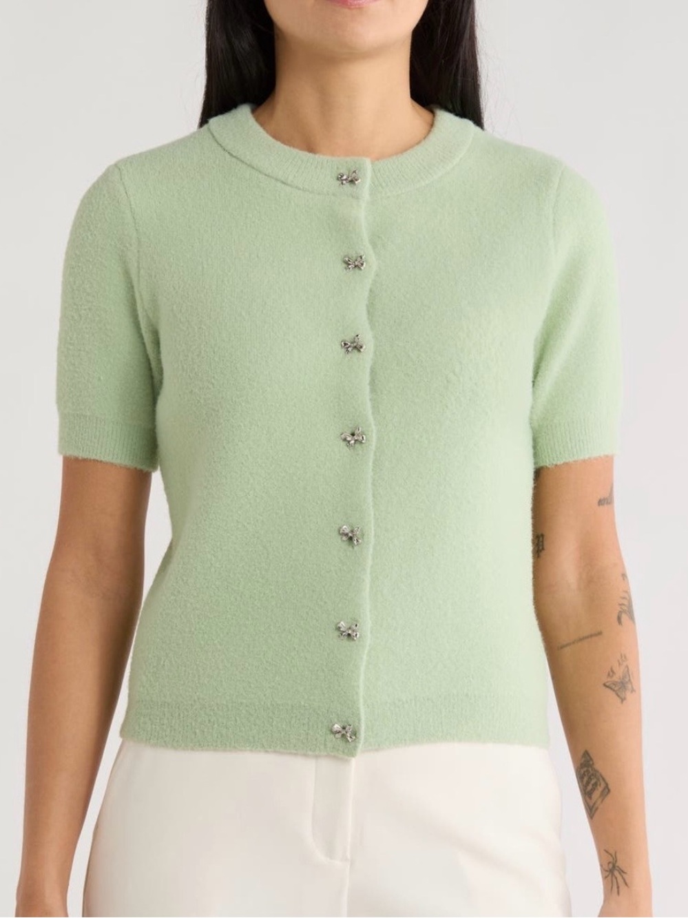 Muse Bow Button Short Sleeve Cardigan
